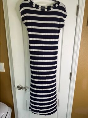 Aquavita Carlotta ll T Shirt Navy White Stripe W/Side Slits Maxi Dress Size S/M
